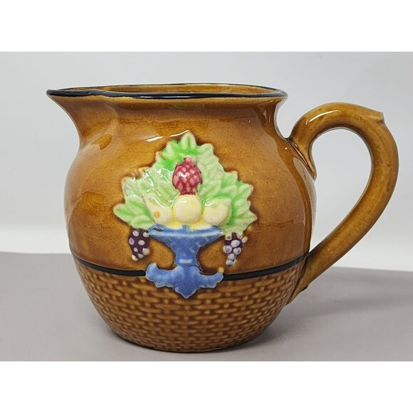 Vintage Japanese Ceramic Pitcher With Embossed Fruit‎ Design & Handle - Picture 1 of 11